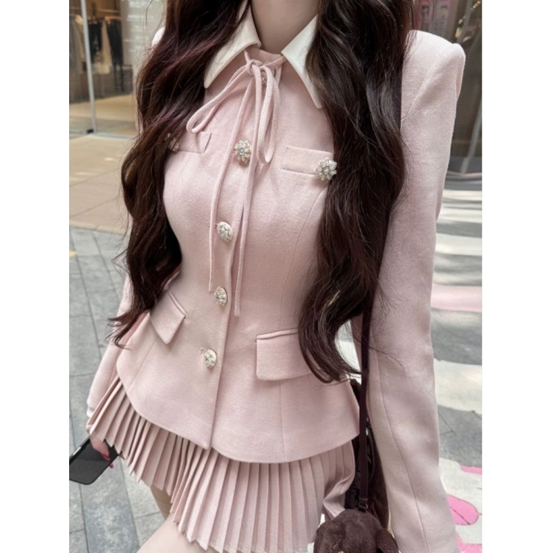 法式甜美学院风翻领拼接收腰粉色外套女秋季高智超好看百褶裙套装