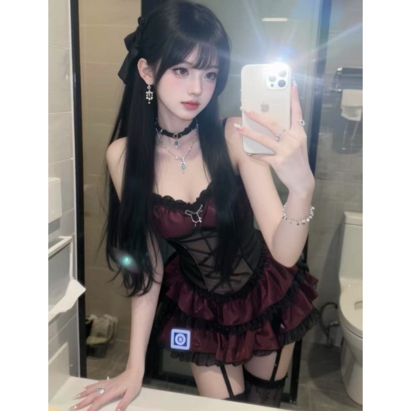 纯欲风暗黑系辣妹假两件拼接撞色露空蕾丝吊带收腰显瘦连衣裙,女装/女士精品,连衣裙,淘宝优惠券,粉丝福利购,淘宝优惠卷