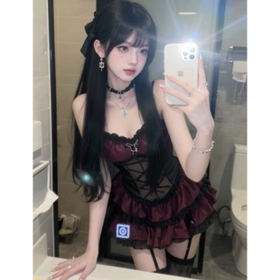 纯欲风暗黑系辣妹假两件拼接撞色露空蕾丝吊带收腰显瘦连衣裙