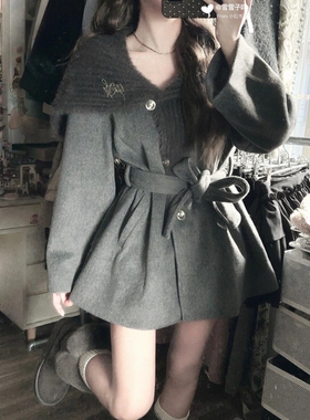 法式赫本风复古灰色毛呢外套气质中长款收腰系带双排扣呢子上衣女