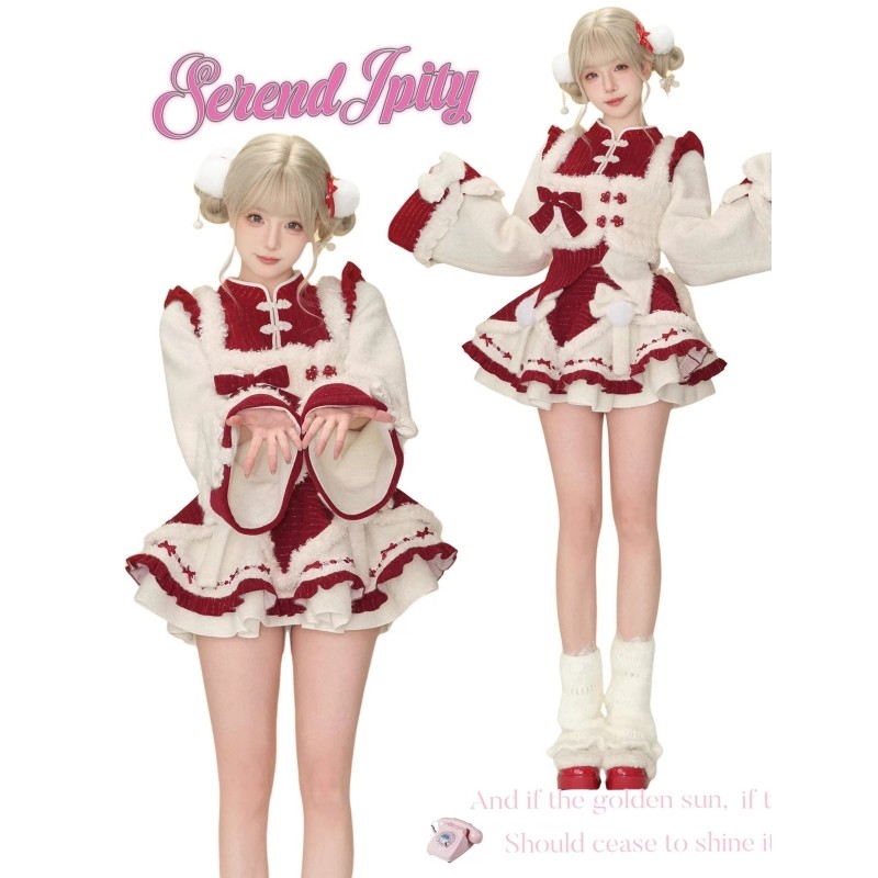 圣诞红色少女风甜美毛绒套装女冬季氛围感上衣马甲蓬蓬裙三件套,女装/女士精品,时尚套装,淘宝优惠券,粉丝福利购,淘宝优惠卷