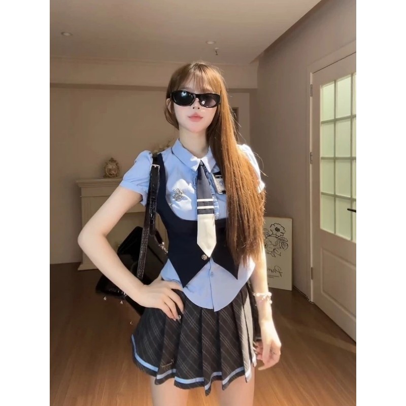 夏季miu系学院风制服Polo领短袖假两件马甲衬衫高腰格纹百褶裙套,女装/女士精品,时尚套装,淘宝优惠券,粉丝福利购,淘宝优惠卷