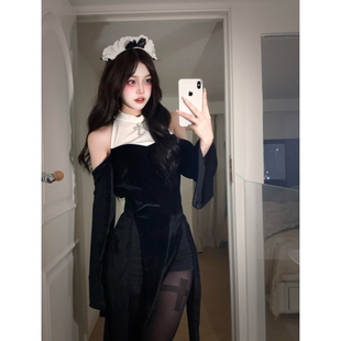 纯欲风暗黑系高级感露肩收腰修女万圣节开叉连衣裙女修身短裤套装
