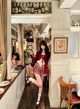 秋季甜美少女学院风红色开衫外套蕾丝拼接吊带背心蝴蝶结蛋糕裙女