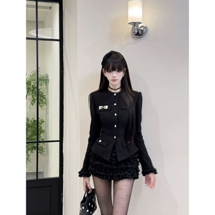 千金感小香风黑色套装 双排扣上衣短裙两件套裙 女秋冬气质名媛时尚
