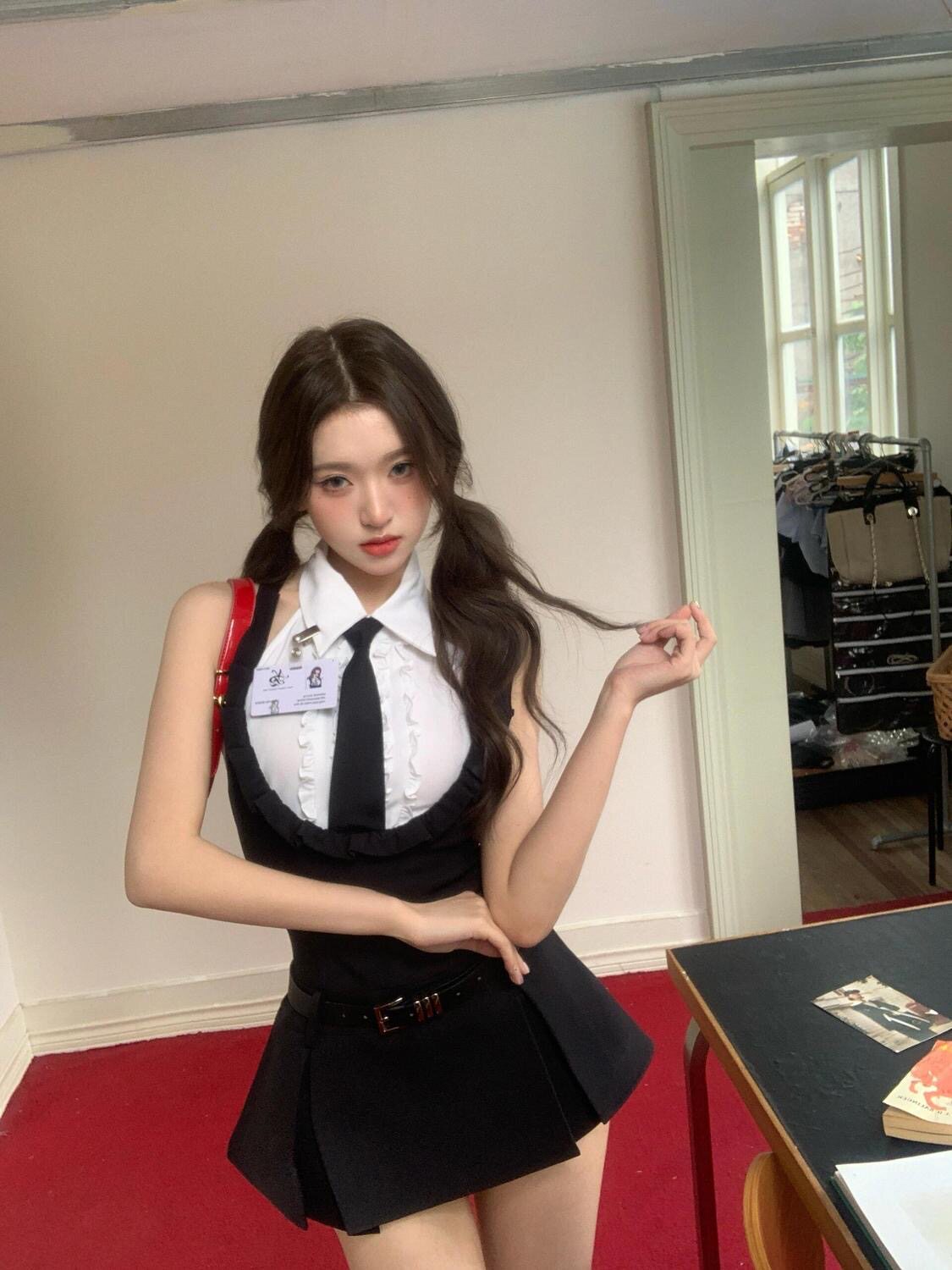美式辣妹风高坏学姐挂脖无袖纯欲风背带裙收腰背心马甲学院风套装