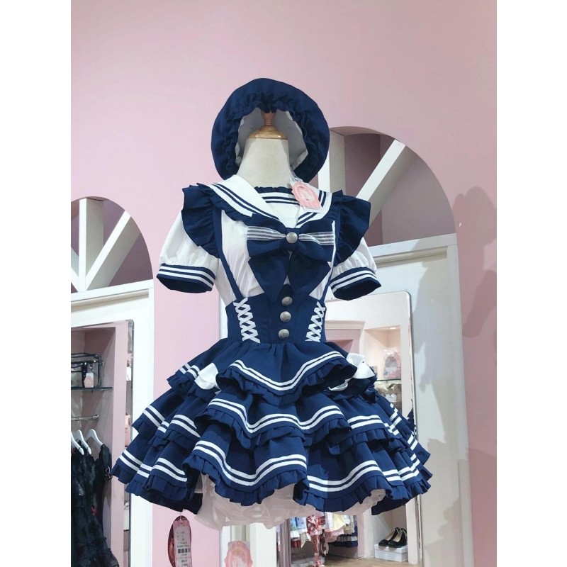 夏季新款水手服海军领学院风甜美拼接绑带撞色衬衣背带蓬蓬蛋糕裙
