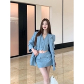 外套上衣马甲背心女秋季 气质蓝色西装 包臀半身裙三件套裙 套装 时尚