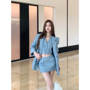 时尚 气质蓝色西装 外套上衣马甲背心女秋季 包臀半身裙三件套裙 套装