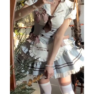 法式甜美日常款Lolita裙可爱泡泡袖衬衣蝴蝶结马甲上衣蓬蓬裙套装