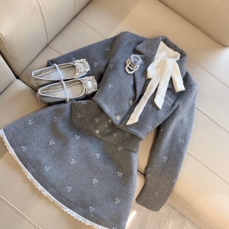 法式千金感名媛风留洋小姐灰色毛呢短外套拼接蕾丝蝴蝶结连衣裙女,女装/女士精品,时尚套装,淘宝优惠券,粉丝福利购,淘宝优惠卷