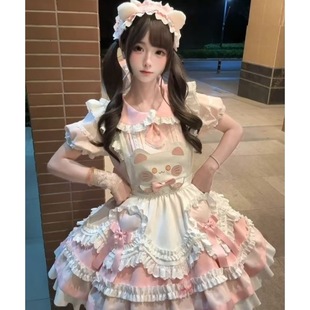 甜美Lolita裙蓬蓬洛丽塔重工设计感撞色短袖 裙子背带猫咪围裙套装