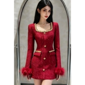 韩系气质财阀千金名媛风高级感连衣裙新款 小香风闪钻收腰显瘦短裙