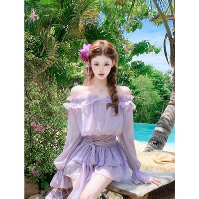 夏季超仙气绝美一字肩紫色雪纺灯笼袖设计感绑带收腰度假风连衣裙