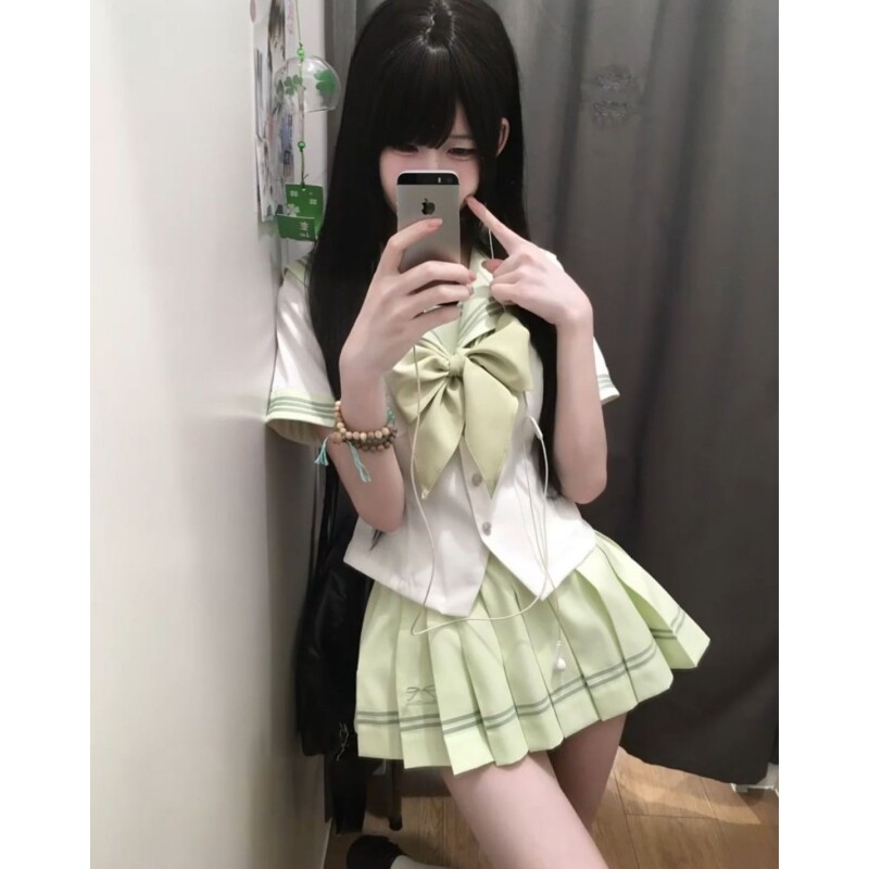 学院风甜美少女感jk制服蝴蝶结海军领上衣拼接百褶短裙水手服套装
