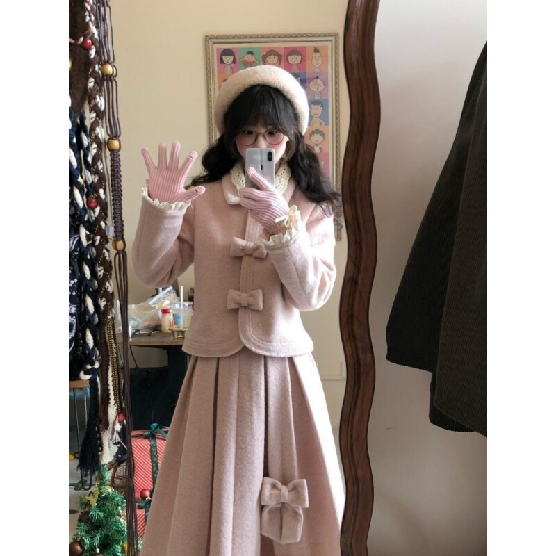 冬日小香风毛呢粉色套装娃娃领蝴蝶结呢子外套百褶中长裙甜美套装,女装/女士精品,时尚套装,淘宝优惠券,粉丝福利购,淘宝优惠卷
