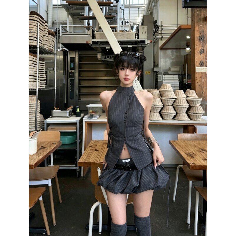 夏季新款韩系气质辣妹两件套条纹拼接无袖修身衬衫收腰显瘦花苞裙