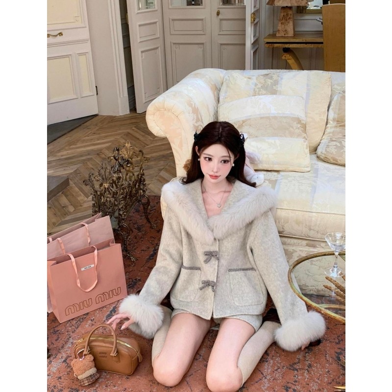 冬季千金感保暖呢子外套拼接毛领海军领宽松外套高腰半身裙两件套,女装/女士精品,时尚套装,淘宝优惠券,粉丝福利购,淘宝优惠卷