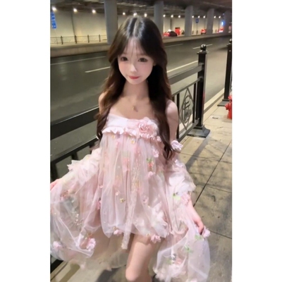 法式甜美纯欲风立体花朵吊带连衣裙小个子精致超仙网纱蓬蓬裙短裙