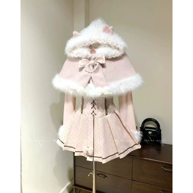 甜美可爱少女感三件套蝴蝶结斗篷打底上衣波点收腰百褶吊带裙套装