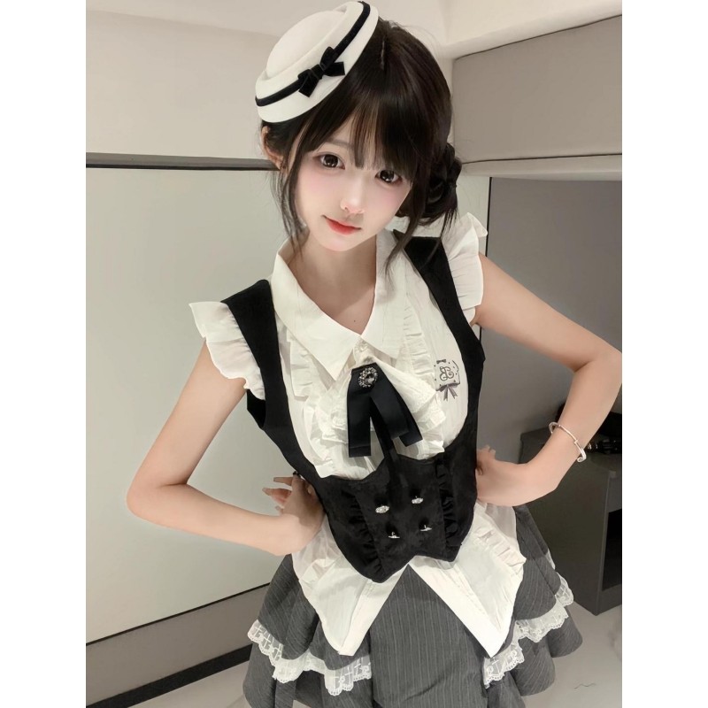 辣妹甜辣学院风jk套装裙领结白色衬衫收腰背带马甲百褶裙三件套夏