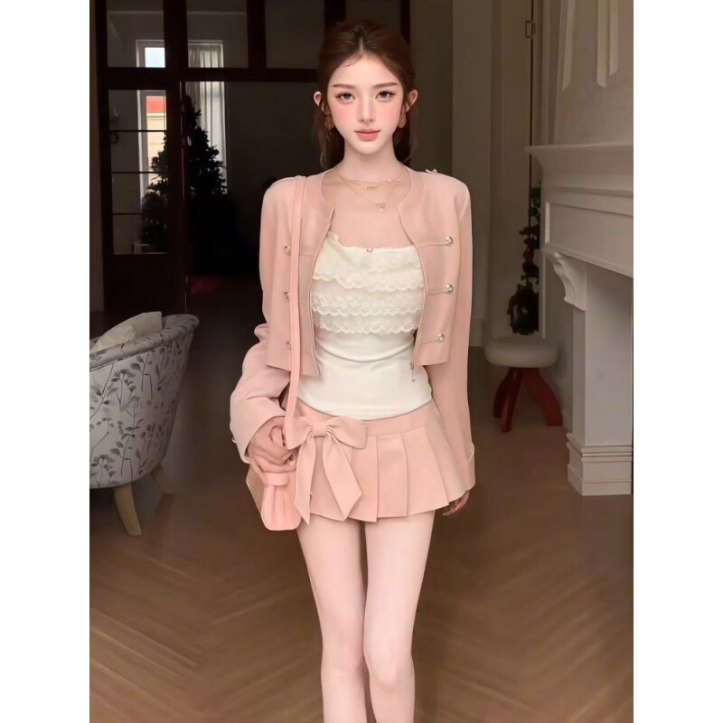 甜美少女感千金风miu系短款粉色外套搭配高腰蝴蝶结百褶裙短裙女图片