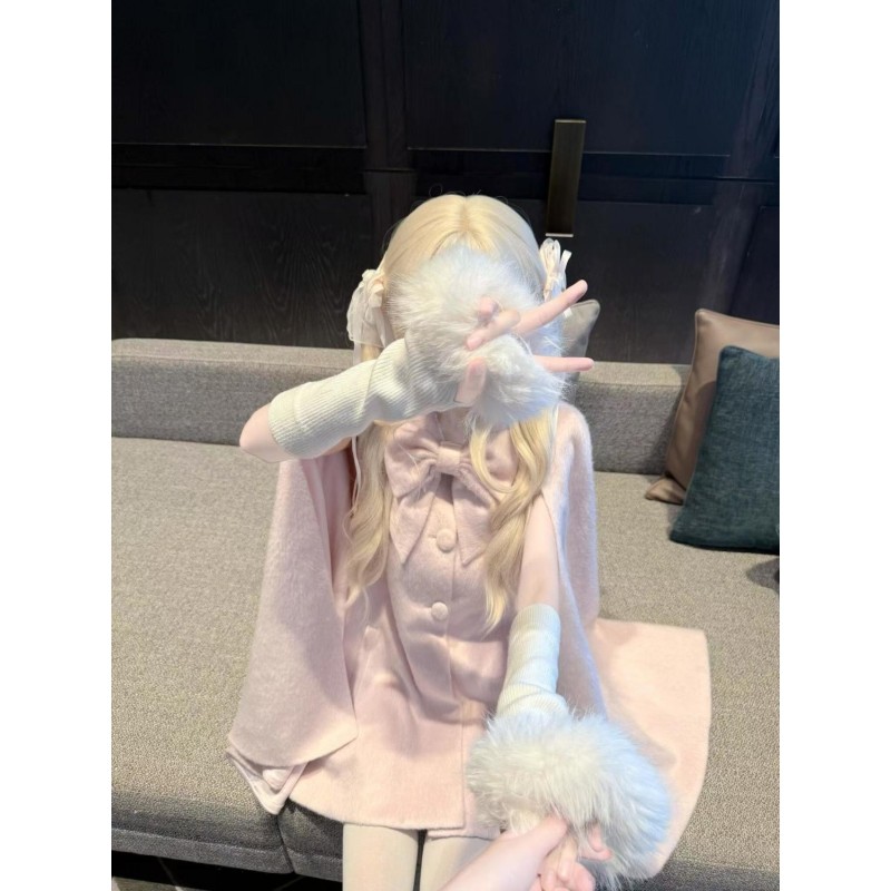 秋冬斗篷大衣甜美千金留洋小姐粉色蝴蝶结宽松可爱呢子加厚外套女