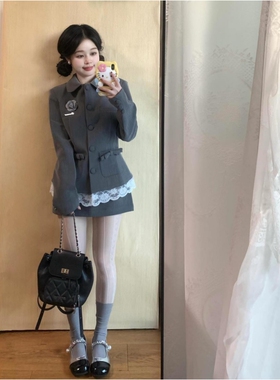 法式气质富家千金风灰色短款开衫外套蕾丝拼接A字短裙秋季两件套