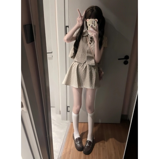 日系古早少女感奶乖棕色娃娃领短款上衣+高腰蓬蓬短裙洋气俏皮裙