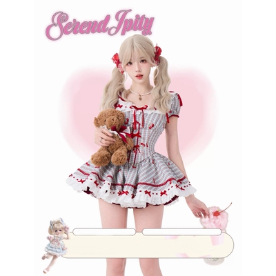 韩系可爱少女感蓝色印花印花格纹连衣裙收腰显瘦蝴蝶结蓬蓬裙短裙