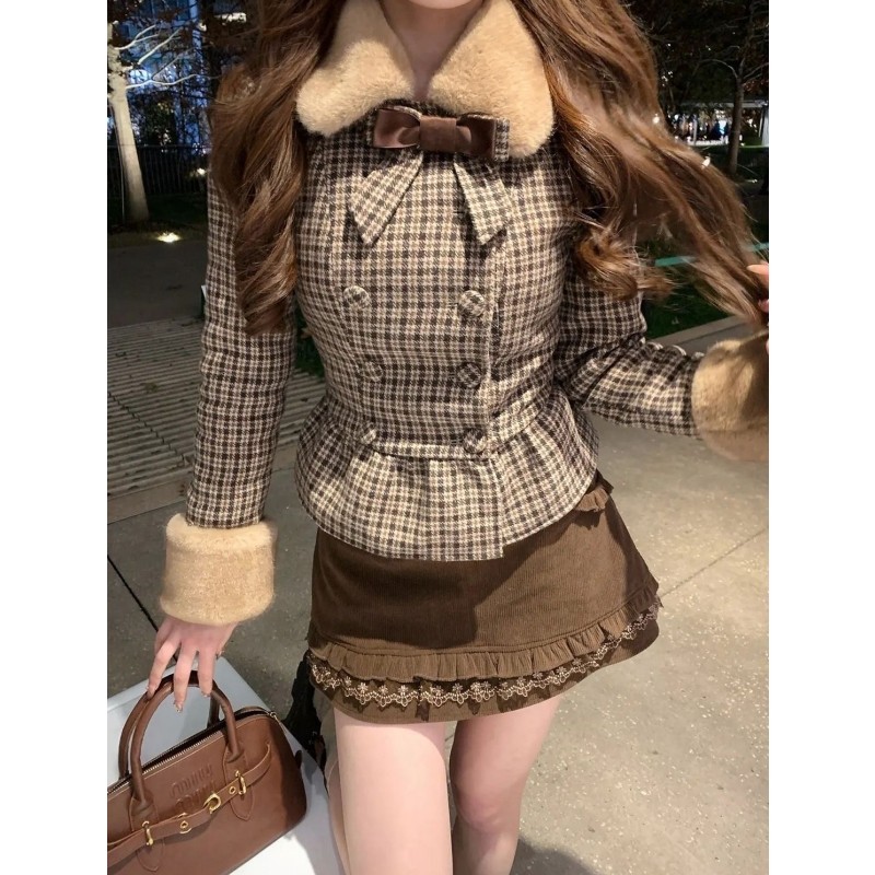 法式复古千金风毛绒绒格纹蝴蝶结外套木耳边半身裙短裙新年穿搭女,女装/女士精品,时尚套装,淘宝优惠券,粉丝福利购,淘宝优惠卷
