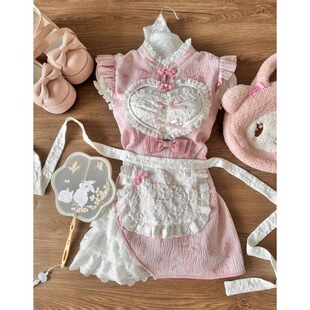 围裙粉色修身 旗袍连衣裙女夏季 两件套 裙女仆改良版 甜美小厨娘套装