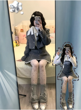 韩系绝美小套装冬装灰色毛呢短外套+拼接蕾丝假两件连衣裙套装女