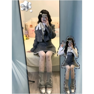 韩系绝美小套装冬装灰色毛呢短外套+拼接蕾丝假两件连衣裙套装女