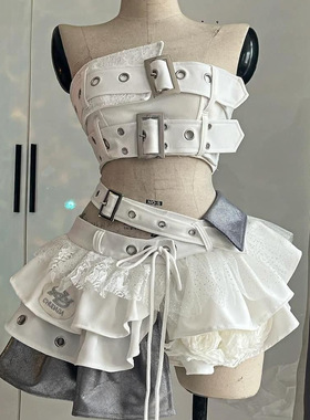 甜酷辣妹白色朋克风y2k抹胸上衣拼接蕾丝不规则蓬蓬裙性感两件套