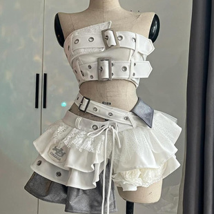 甜酷辣妹白色朋克风y2k抹胸上衣拼接蕾丝不规则蓬蓬裙性感两件套