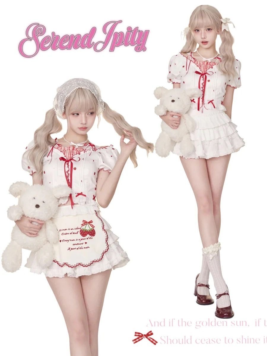 纯欲风辣妹少女减龄红白系带上衣女仆围裙拼接半身裙甜辣套装ins,女装/女士精品,时尚套装,淘宝优惠券,粉丝福利购,淘宝优惠卷