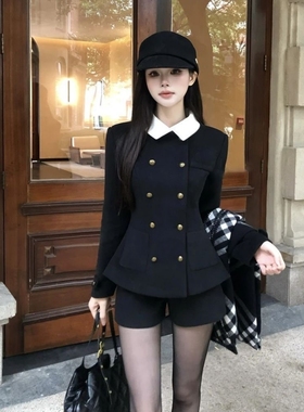 冬季千金感韩系学院风黑色双排扣毛呢收腰外套修身短裤气质两件套