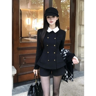 冬季千金感韩系学院风黑色双排扣毛呢收腰外套修身短裤气质两件套
