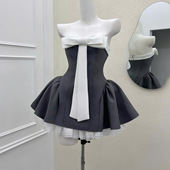 法式 纯欲辣妹ins风抹胸裙子女夏季 小个子生日蝴蝶结收腰蓬蓬短裙