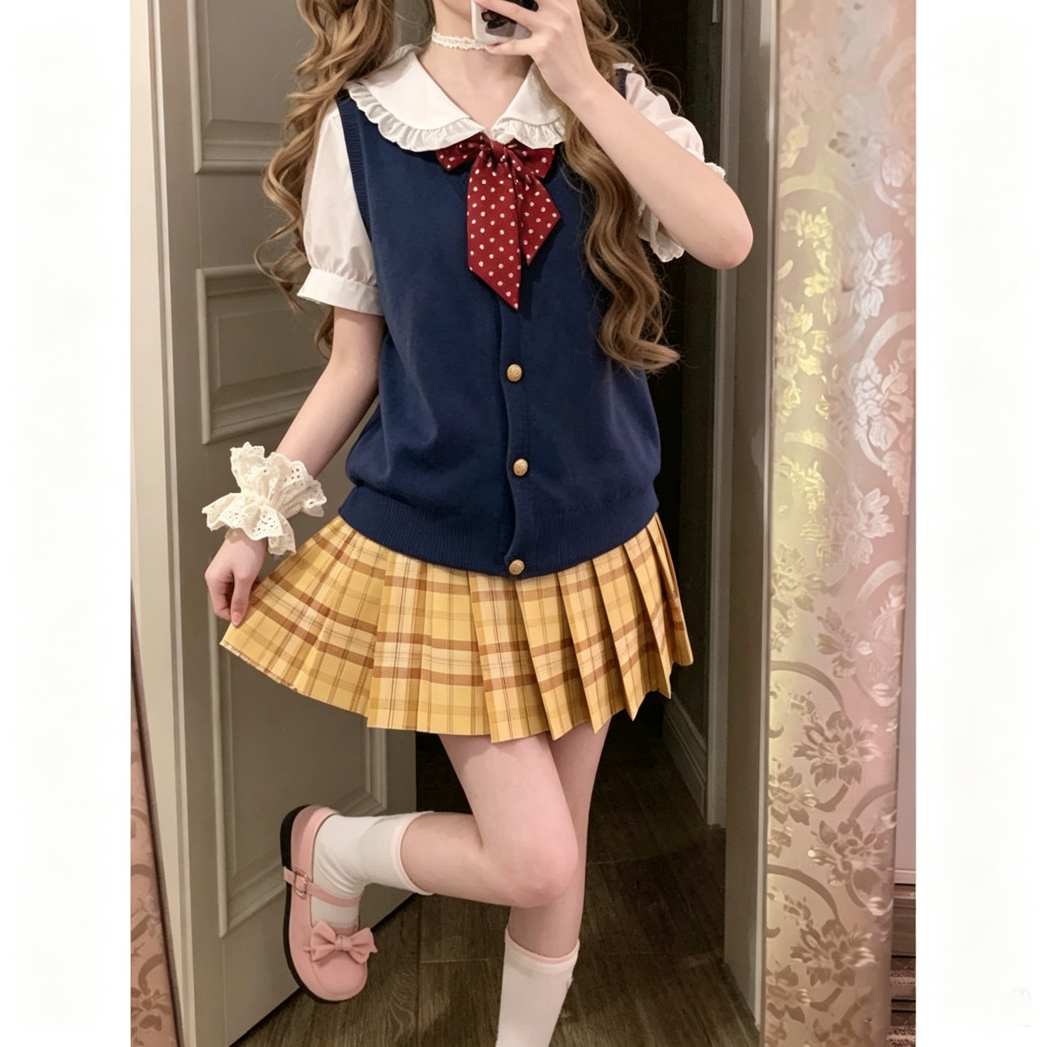 甜美学院风可爱少女感制服泡泡袖白色衬衣显瘦马甲搭配百褶裙套装