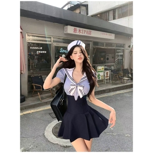 水手服衬上衣半身裙套装 学院风女团JK制服套装 条纹撞色海军领短袖