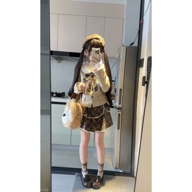 秋季可爱JK制服学院风水手服娃娃领短外套复古格纹半身裙两件套女