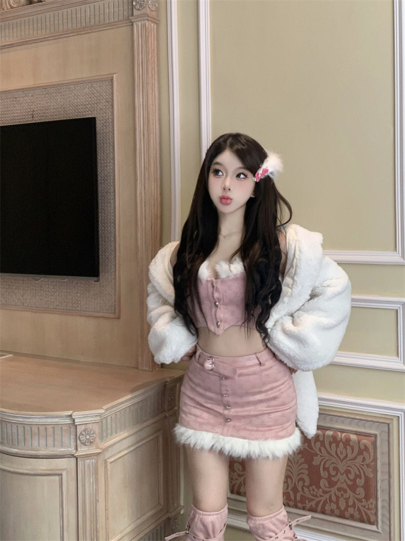 甜辣酷可爱少女毛绒开衫外套吊带抹胸内搭高腰短裙腿套辣妹四件套,女装/女士精品,时尚套装,淘宝优惠券,粉丝福利购,淘宝优惠卷