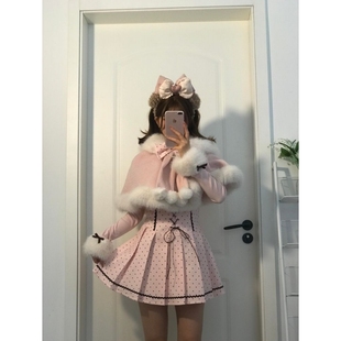 甜美风Lolita裙粉色波点毛绒斗篷外套蝴蝶结打底衣百褶吊带裙套装