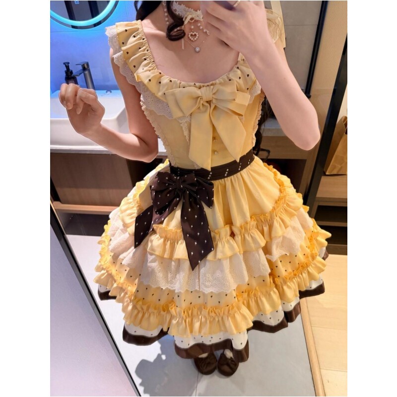 法式可爱软妹Lolita裙洛丽塔奶黄撞色波点蝴蝶结重工收腰蓬蓬裙女