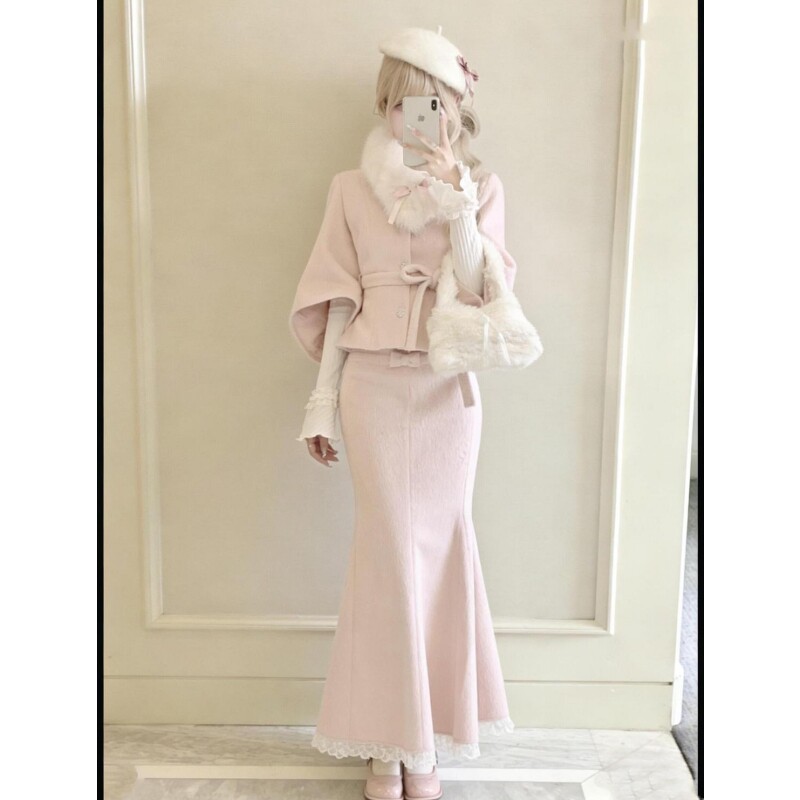 千金名媛风温柔三件套收腰绑带毛呢外套白色打底衣高腰鱼尾裙套装,女装/女士精品,时尚套装,淘宝优惠券,粉丝福利购,淘宝优惠卷