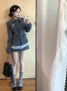 富家千金灰色设计肌理蕾丝花边翻领收腰外套+修身a字半身裙两件套
