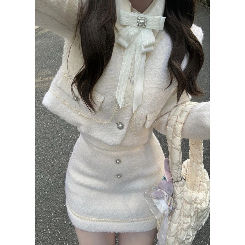 冬季千金感羊羔毛套装保暖毛茸茸蝴蝶结外套高腰包臀裙小香两件套,女装/女士精品,时尚套装,淘宝优惠券,粉丝福利购,淘宝优惠卷