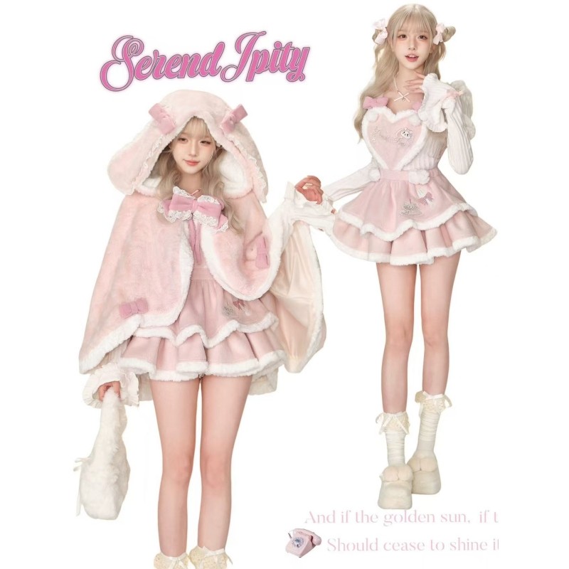 冬日少女甜美毛绒兔耳斗篷外套可爱蝴蝶结粉色背带蛋糕裙三件套裙